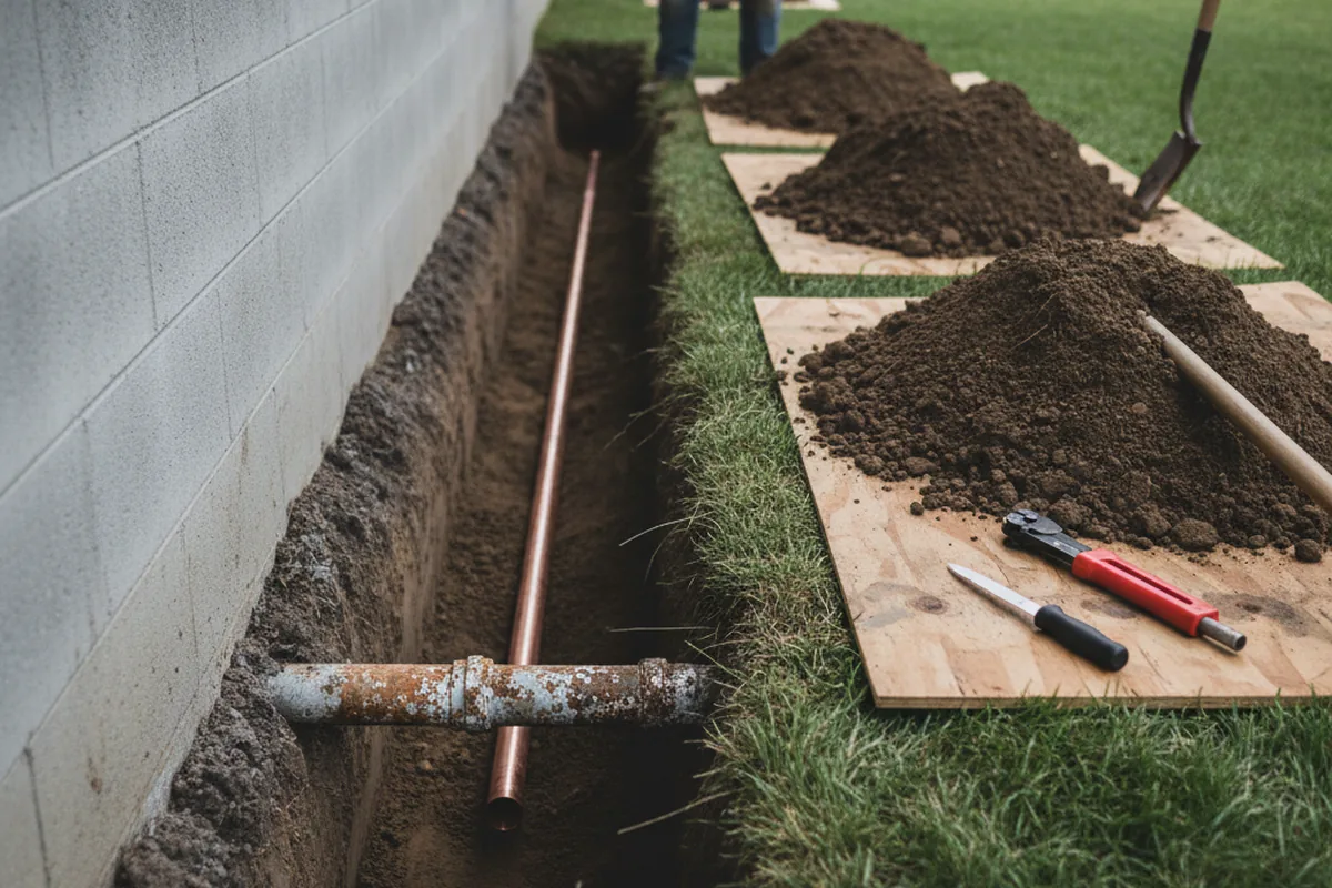 Excavated water line trench during Sewer Line Repair in Marcellus
